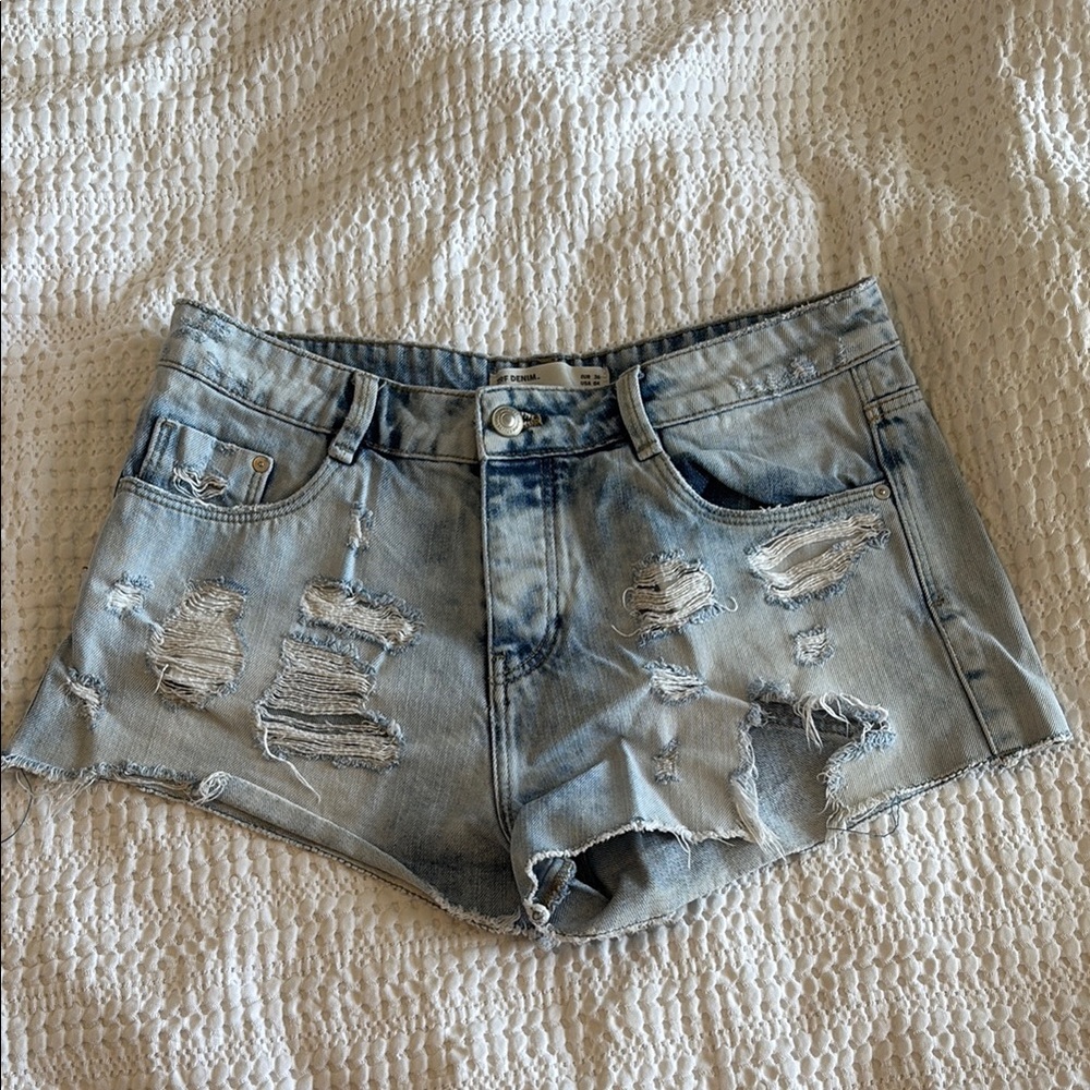 Zara Light Blue Distressed Denim Jean Shorts